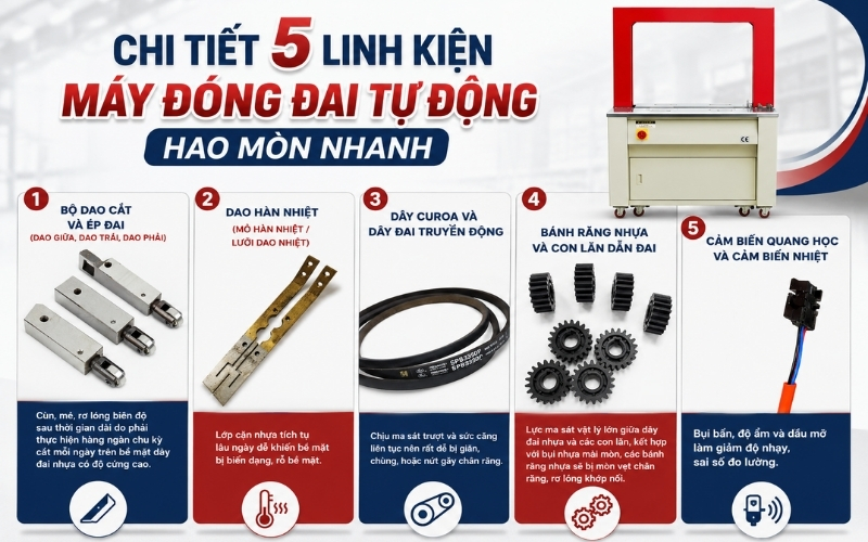 Chi tiết 5 linh kiện máy đóng đai tự động hao mòn nhanh 
